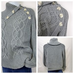 Button-up Collar Turtleneck Cable Knit Sweate
